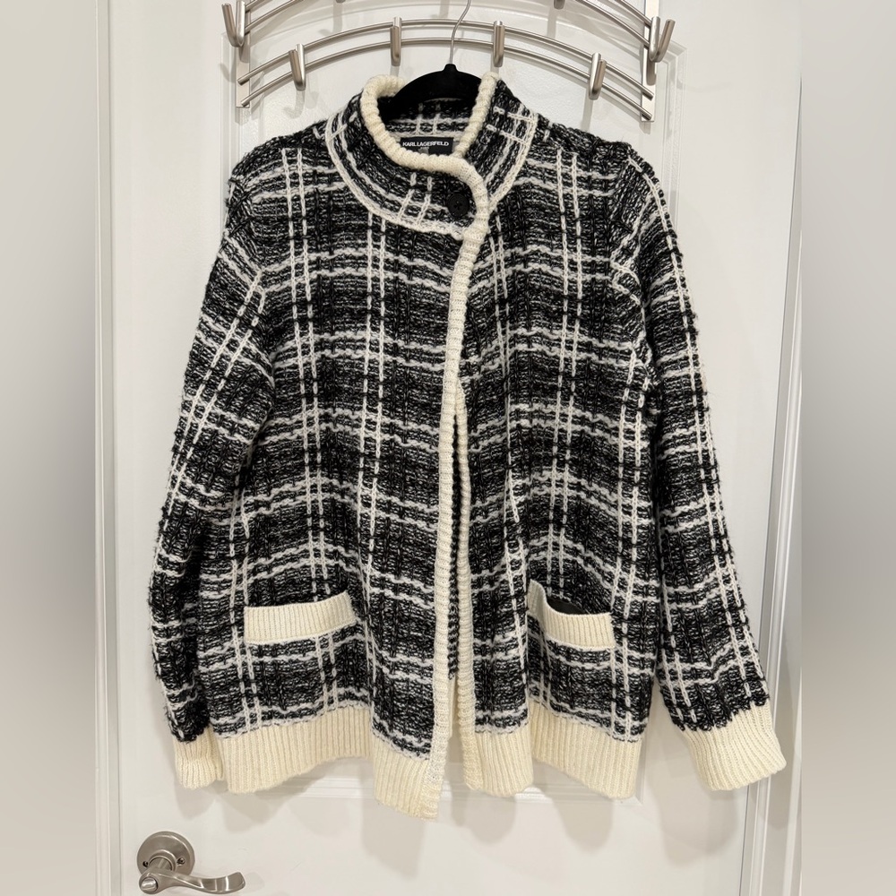 Karl Lagerfeld Black and Cream Plaid Knit Cardigan